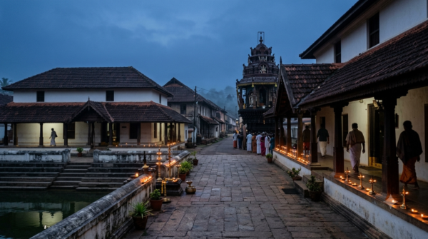 Udupi Krishna temple timings: devotees queue in the Matha courtyard before dawn poojas