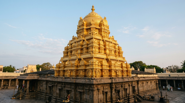 Vimana Venkateswara Swamy silver-framed idol on the golden Ananda Nilayam vimana at Tirumala