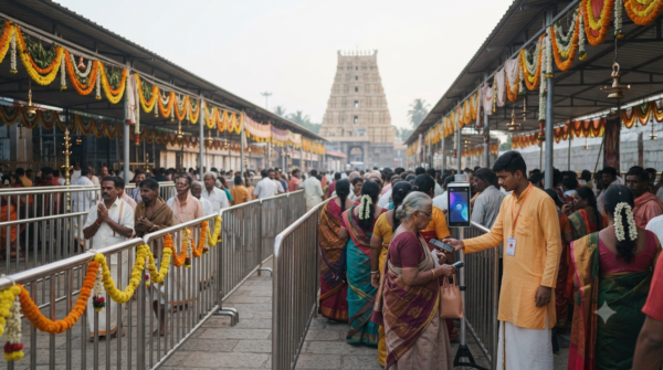 Hasanamba temple 2026 pilgrims in a managed darshan queue with official digital ticket check