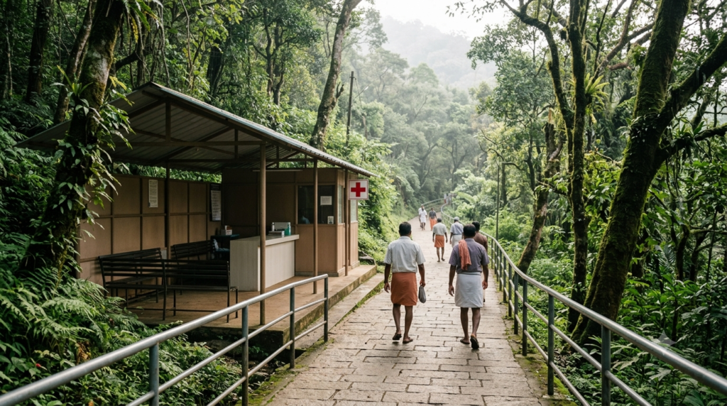 Pamba medical facilities planning scene near a forested Sabarimala pilgrimage trail