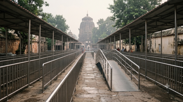 Puri queue darshan system concept with covered lanes and ramp-style crowd flow