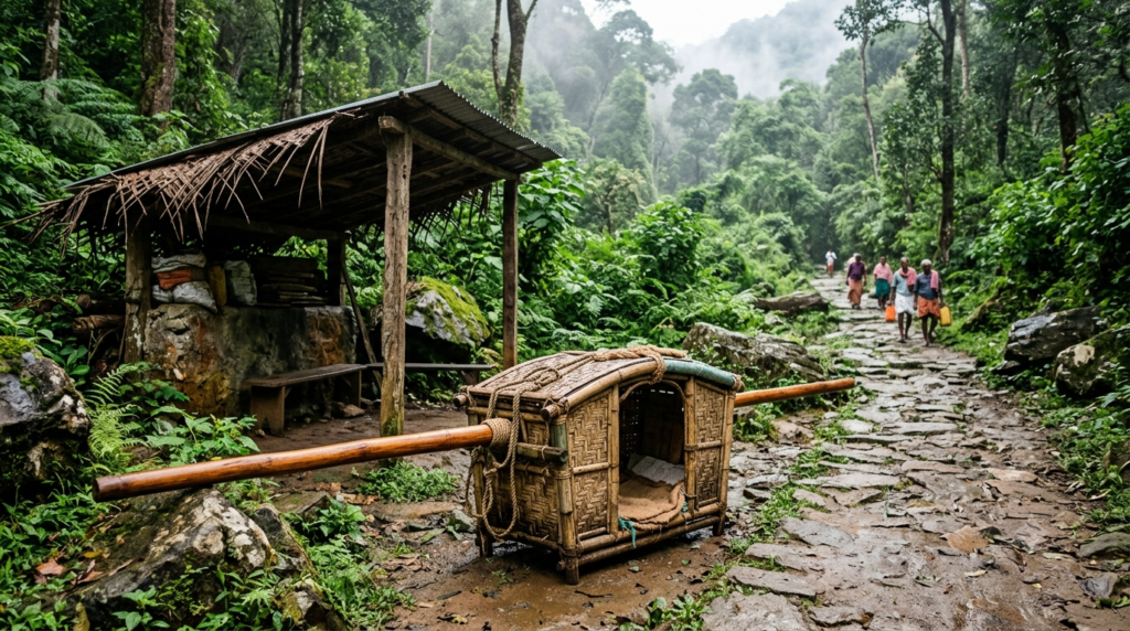 Sabarimala dolly service concept showing a carrying chair near a forest pilgrimage path