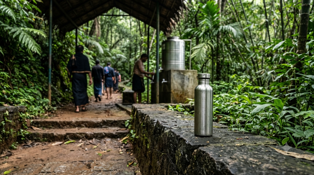Sabarimala drinking water facilities guide with reusable water bottle near forest trekking path