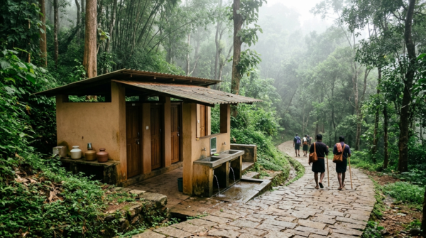 Sabarimala toilet facilities concept beside a forest trekking path with designated restrooms