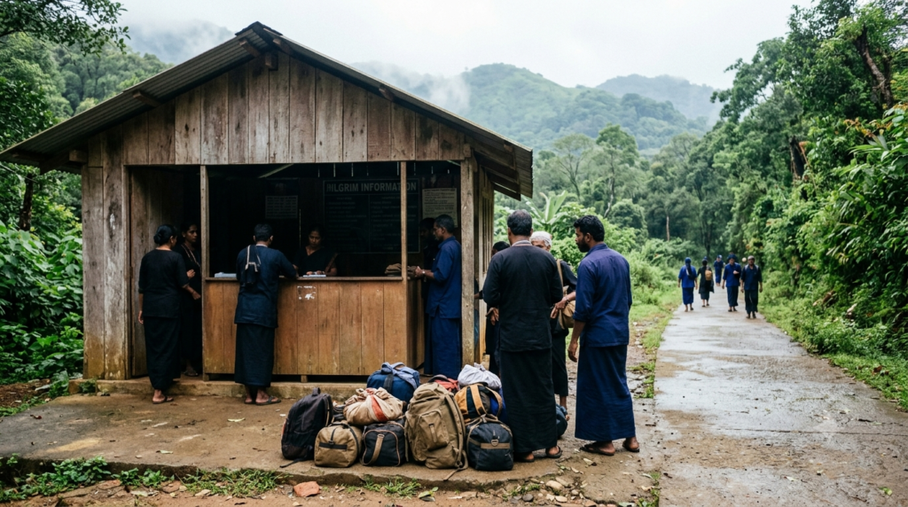 Sabarimala luggage cloakroom enquiry concept with travel bags near a pilgrim information desk